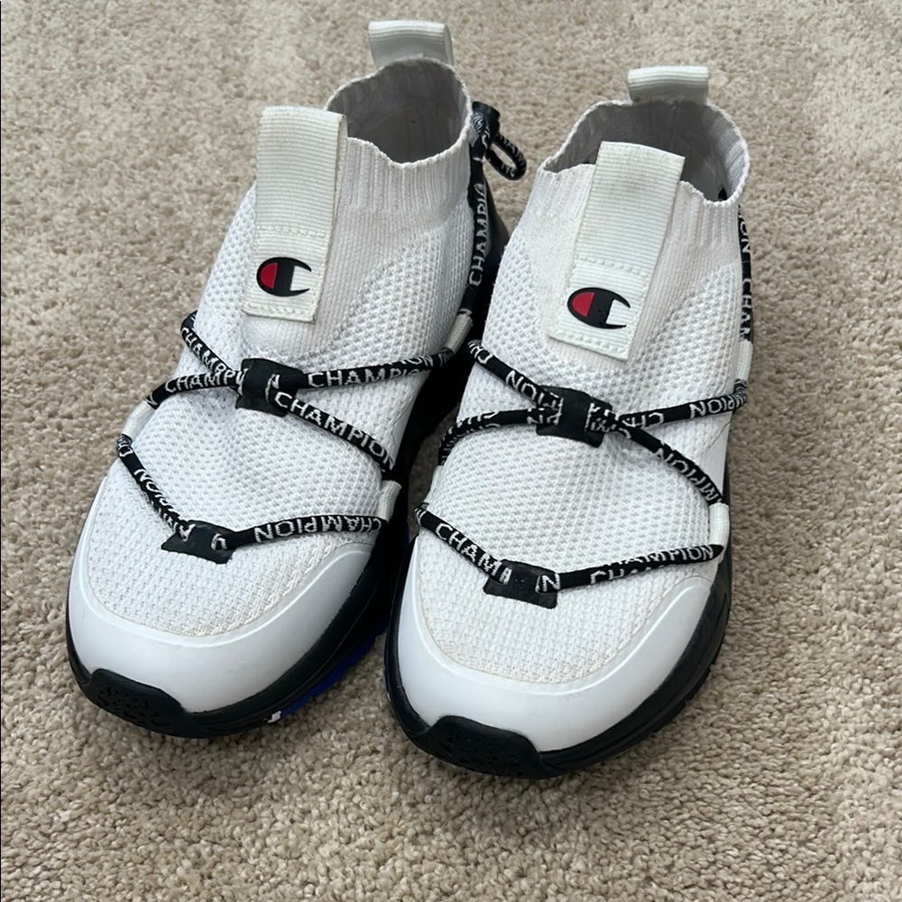 Champion White and Black Athletic Sneakers with Unique Lacing